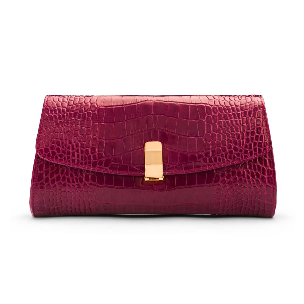 Leather clutch bag, pink croc, front