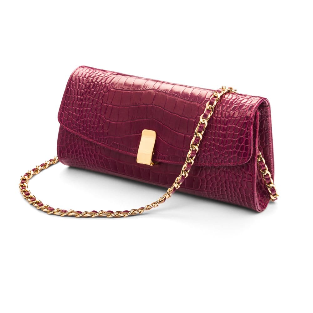 Leather clutch bag, pink croc, with long chain strap