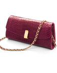 Leather clutch bag, pink croc, with long chain strap