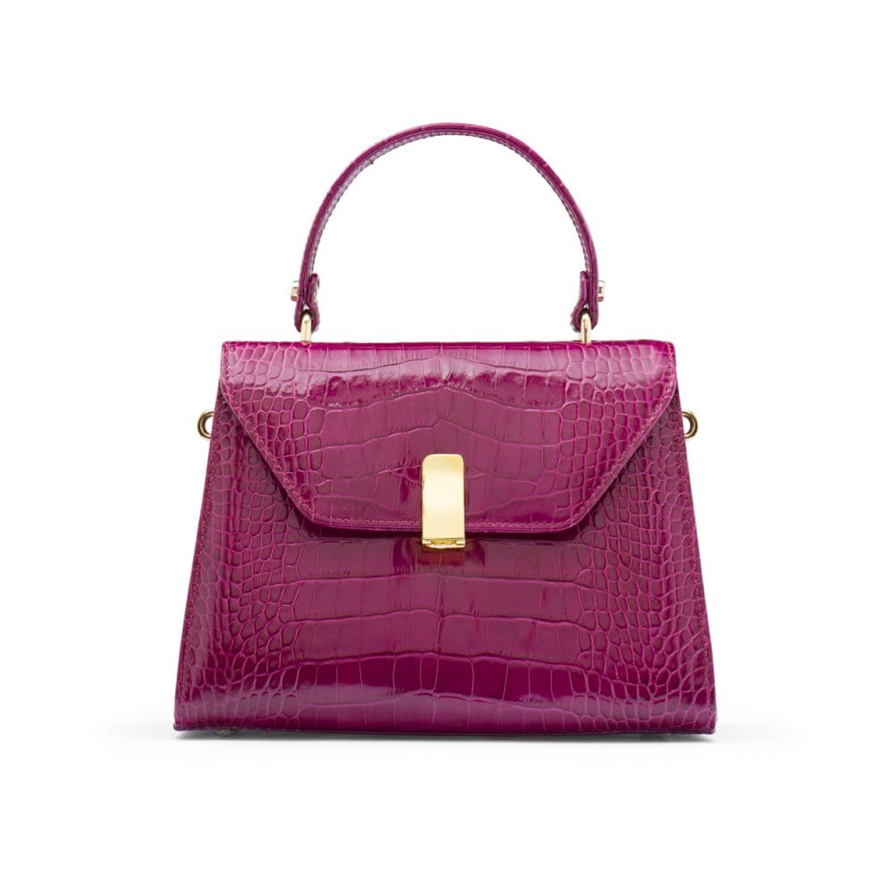 Leather top handle bag, pink croc, front