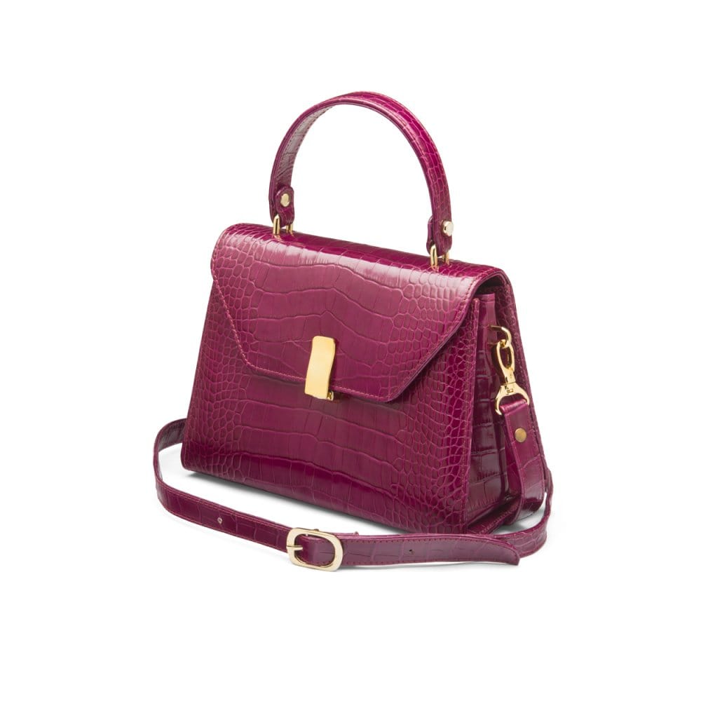 Leather top handle bag, pink croc, side