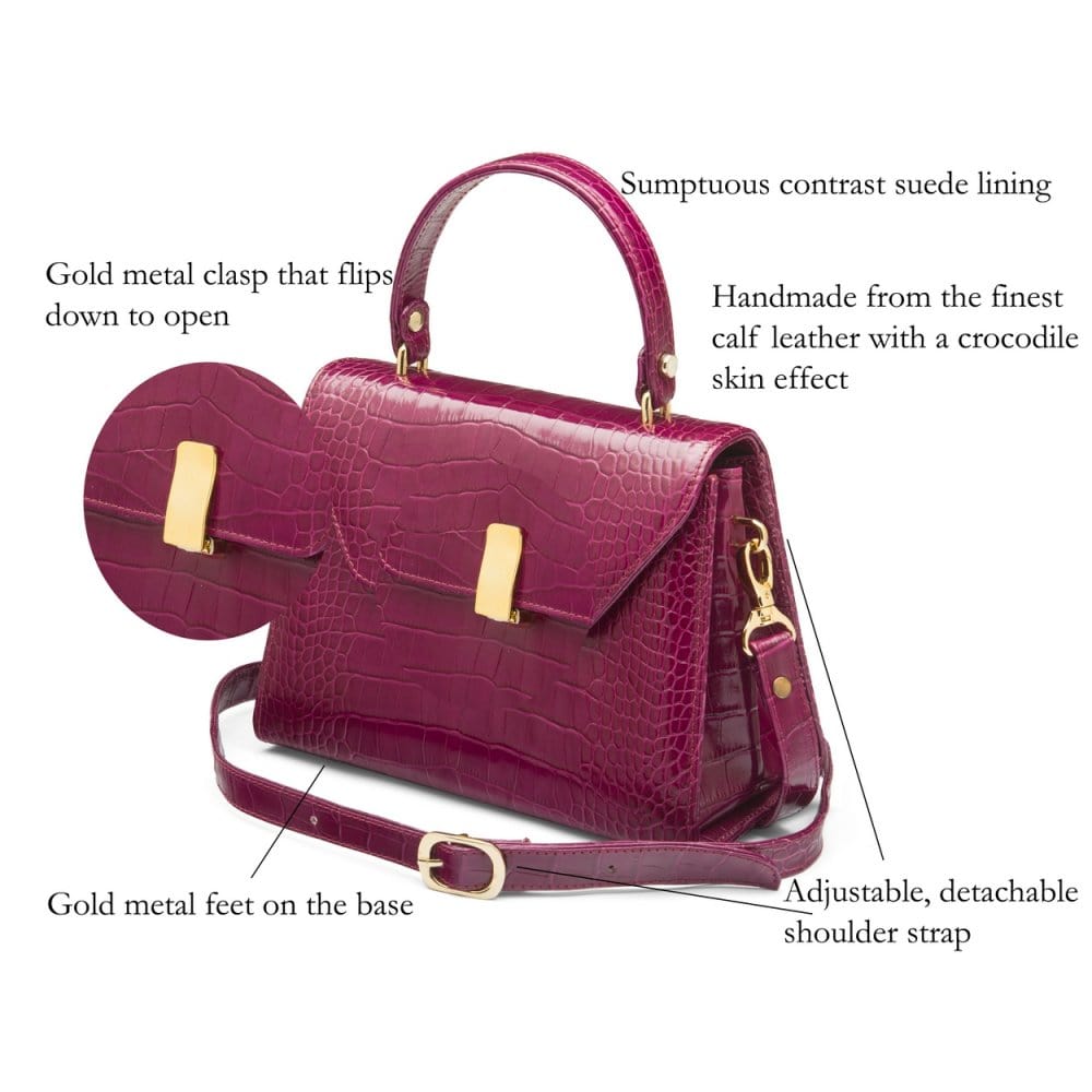 Leather top handle bag, pink croc, features