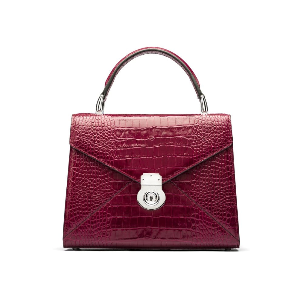 Leather top handle bag, Burnett bag, pink croc, front view