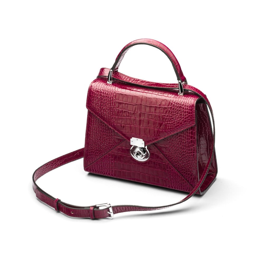 Leather top handle bag, Burnett bag, pink croc, with long shoulder strap