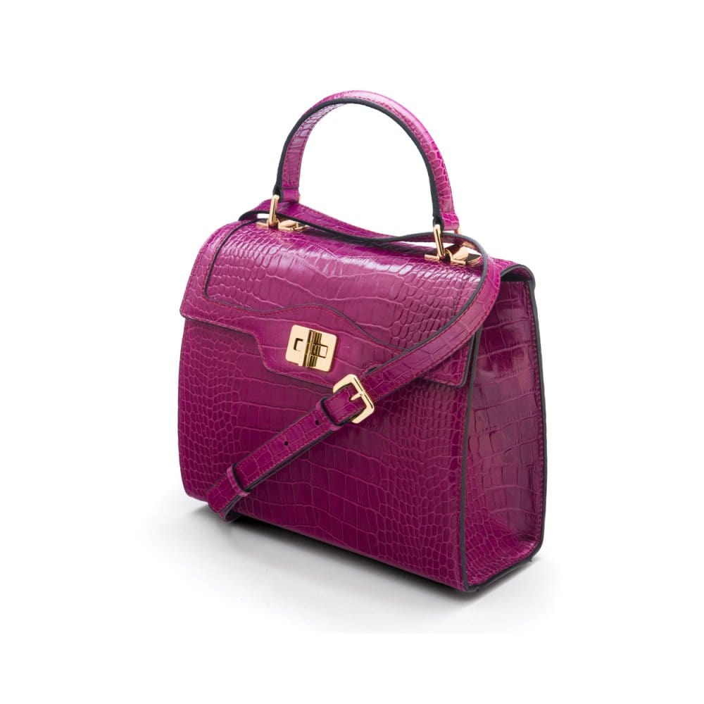 Leather signature Morgan bag, pink croc, side view