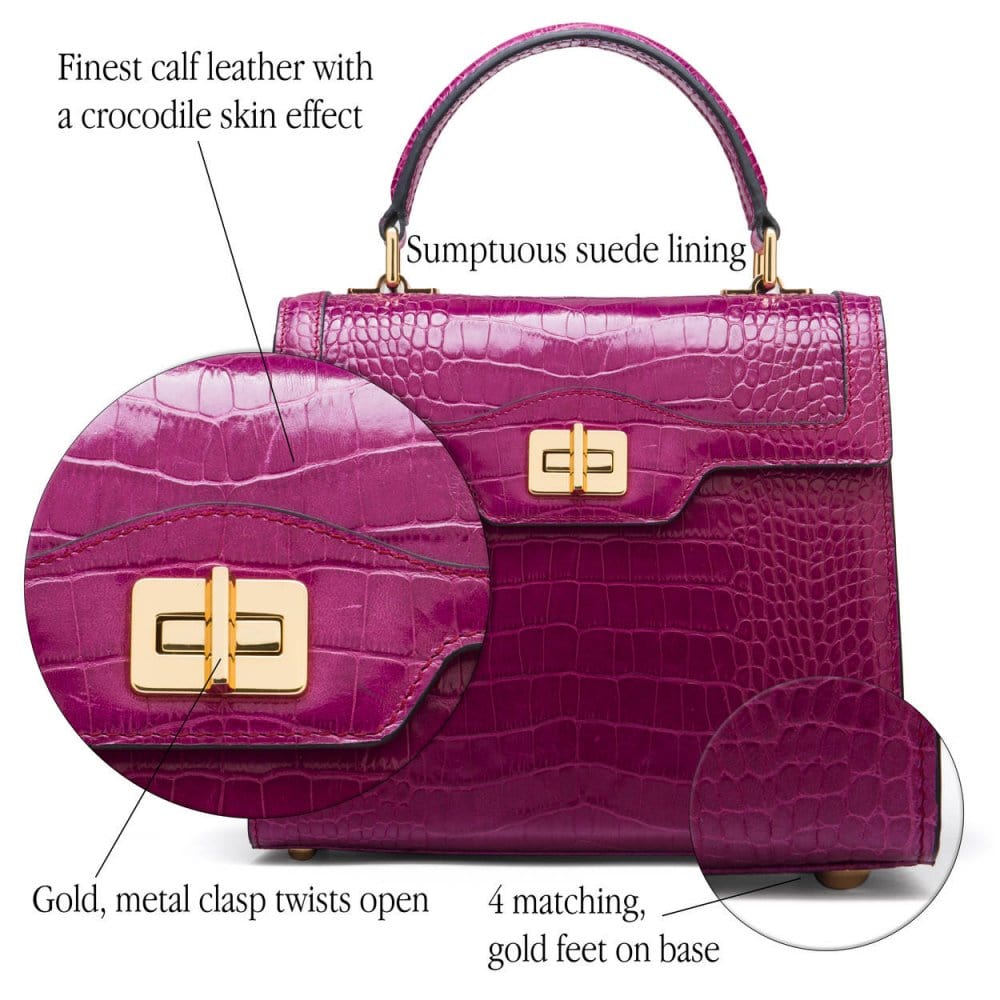 Leather signature Morgan bag, pink croc, features