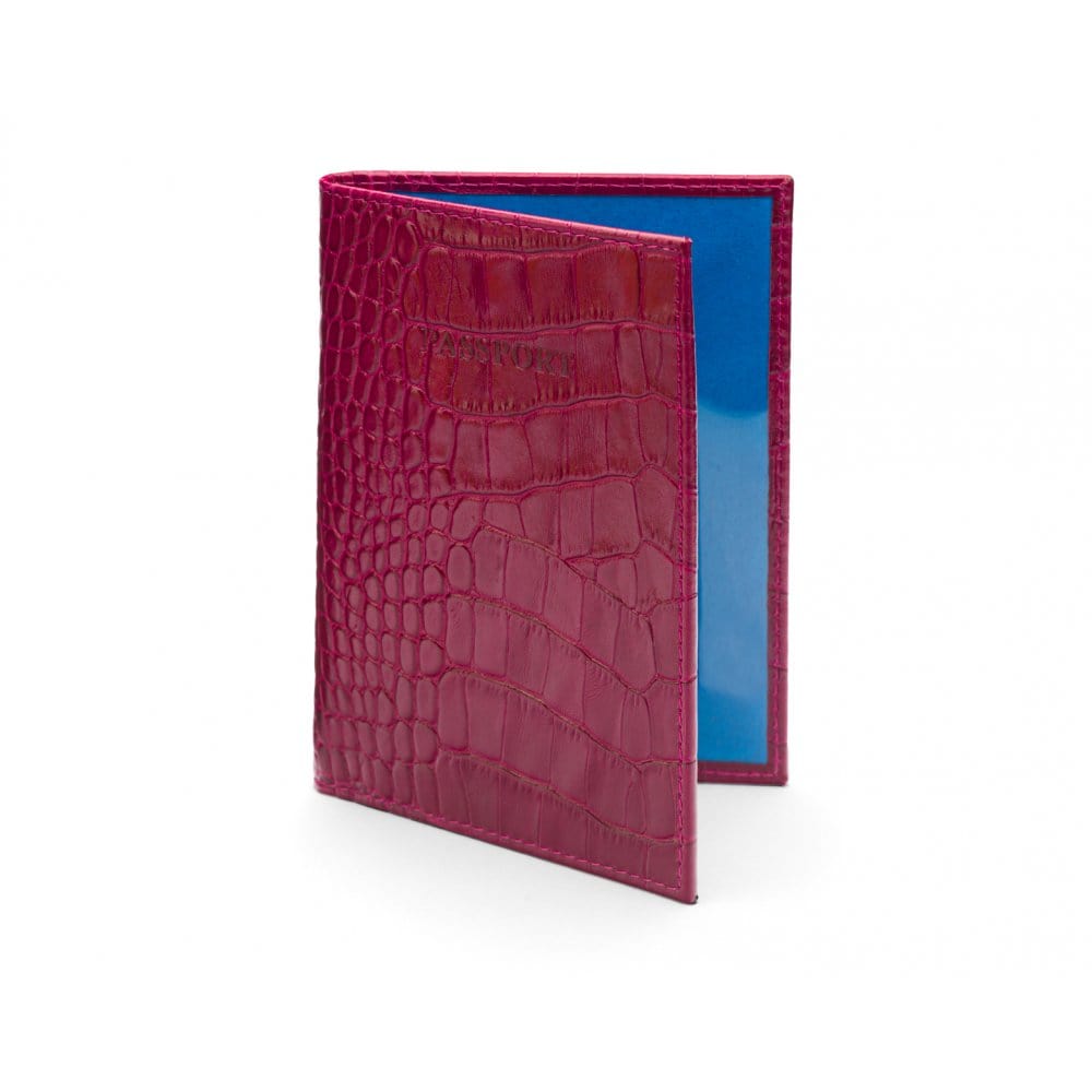 Luxury leather passport cover, pink croc, front