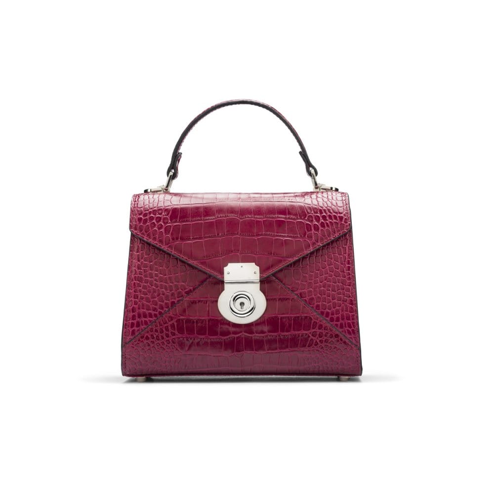 Mini Burnett small top handle bag, pink croc, front view