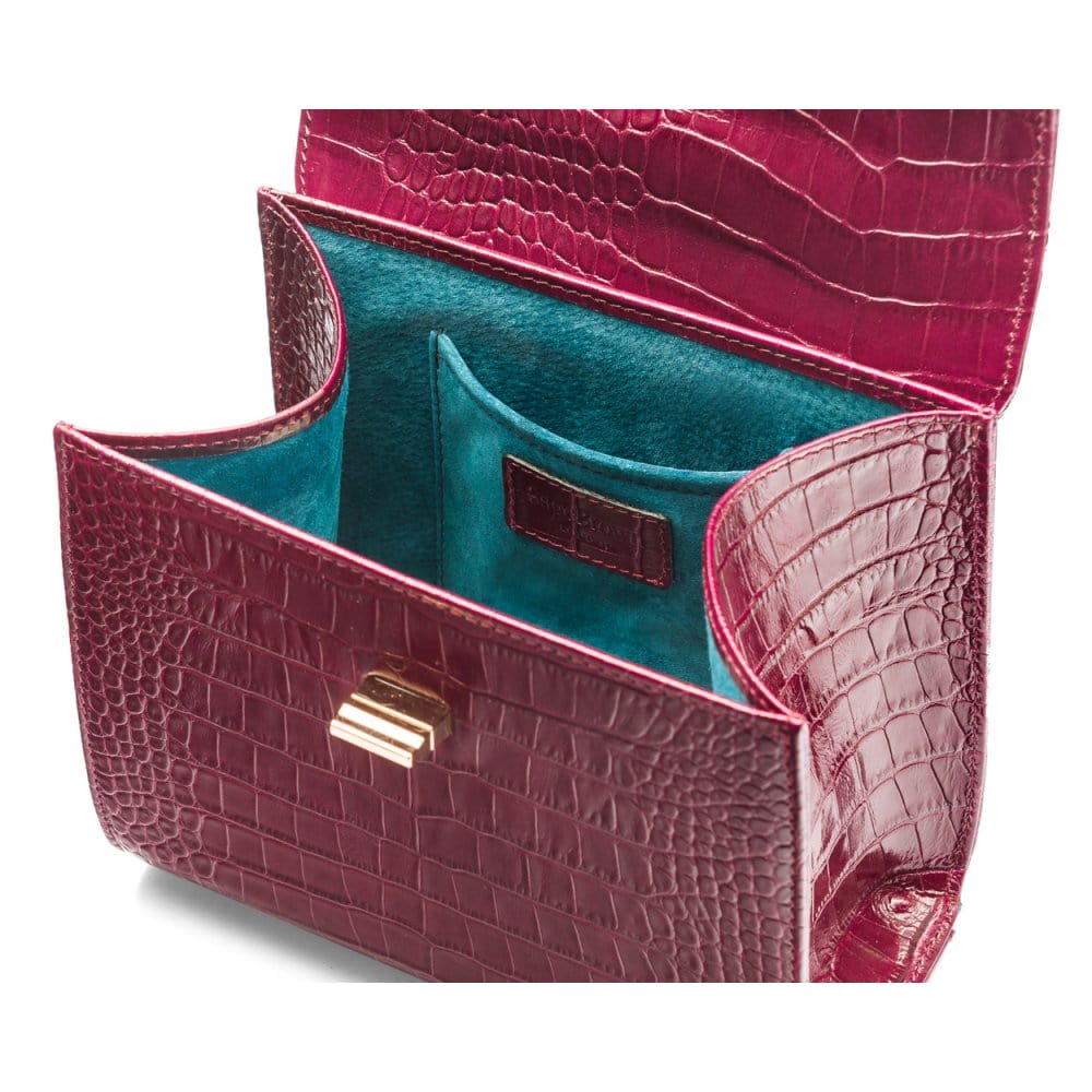 Mini leather Morgan Bag, top handle bag, pink croc, inside view