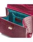 Mini leather Morgan Bag, top handle bag, pink croc, inside view