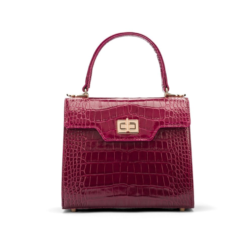 Mini leather Morgan Bag, top handle bag, pink croc, front view