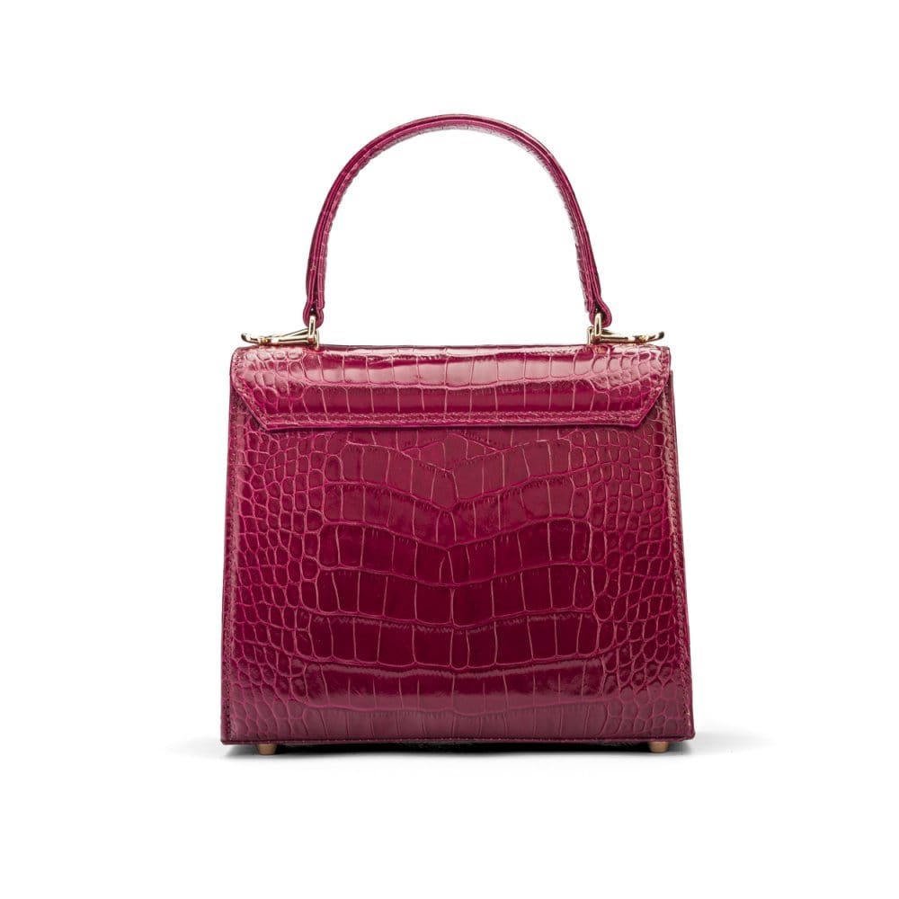 Mini leather Morgan Bag, top handle bag, pink croc, back view
