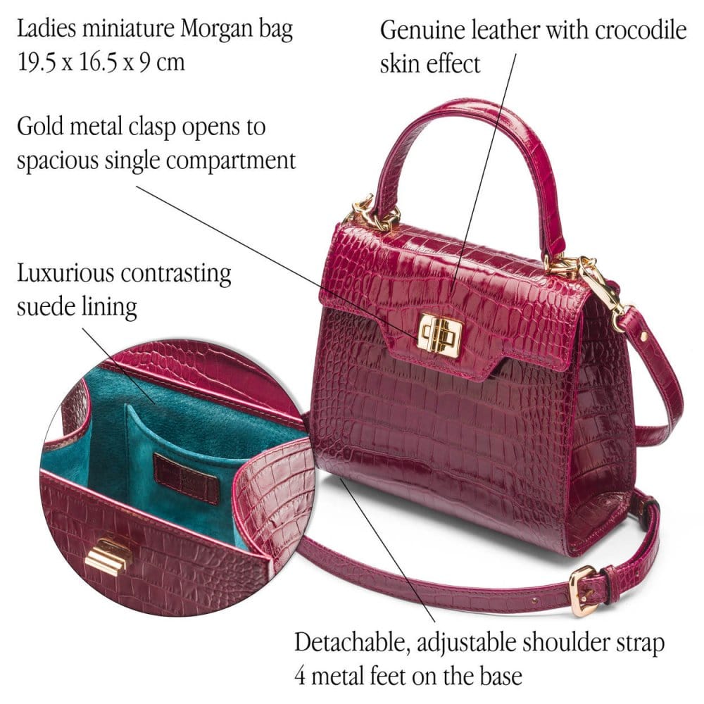 Mini leather Morgan Bag, top handle bag, pink croc, features