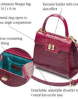 Mini leather Morgan Bag, top handle bag, pink croc, features