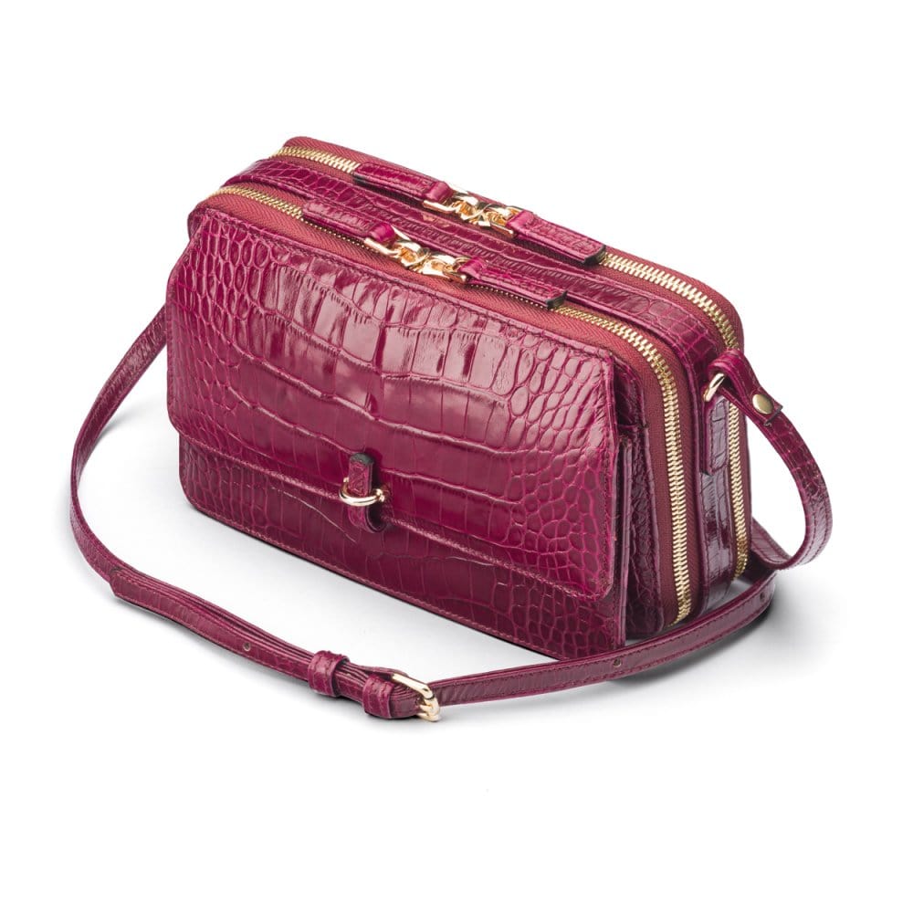 Compact crossbody bag, pink croc, side