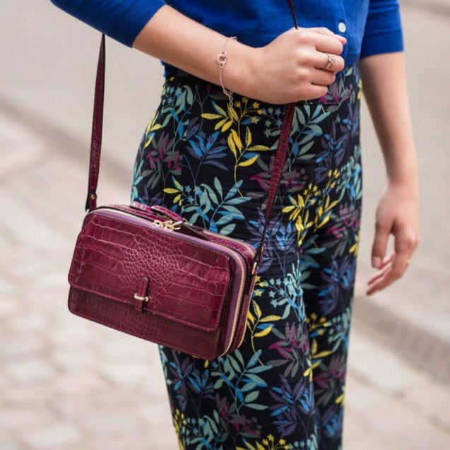 Compact crossbody bag, pink croc, lifestyle