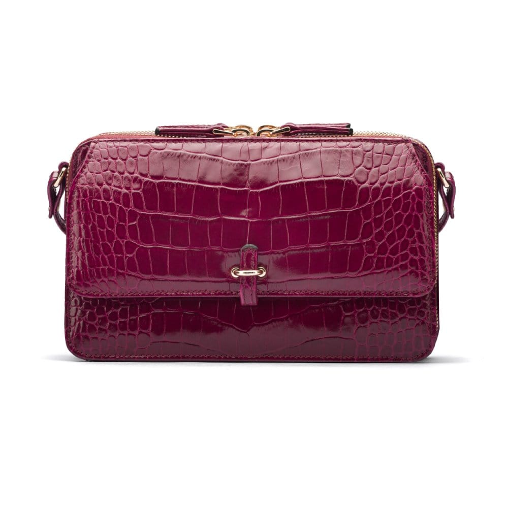 Compact crossbody bag, pink croc, front