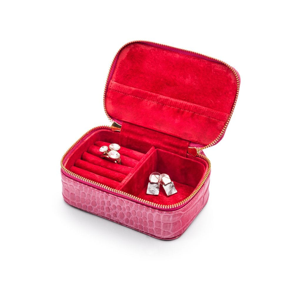 Rectangular zip around jewellery case, pink croc, open
