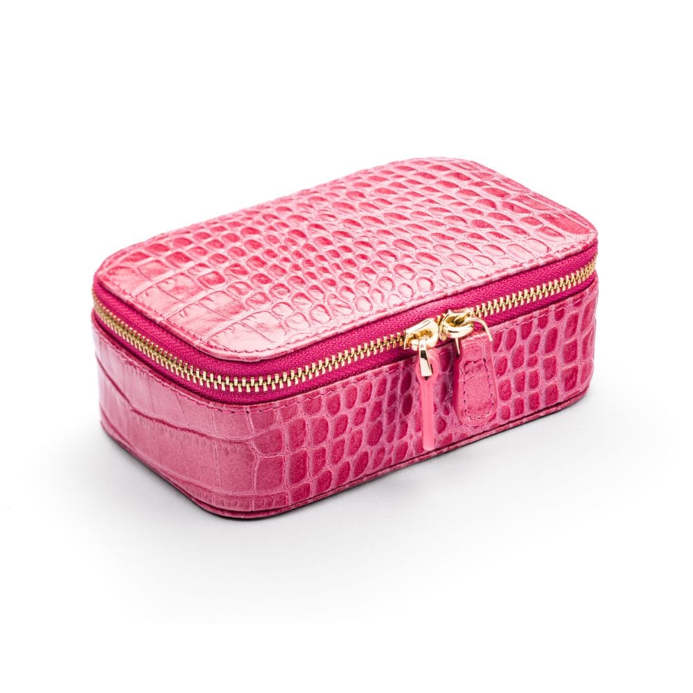 Rectangular zip around jewellery case, pink croc, front