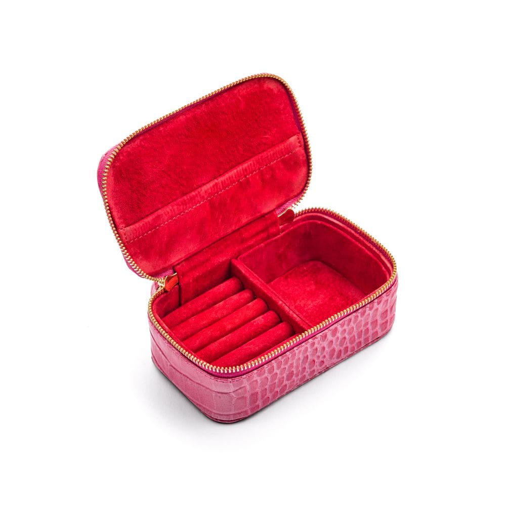 Rectangular zip around jewellery case, pink croc, inside