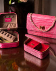 Rectangular zip around jewellery case, pink croc, lifestyle