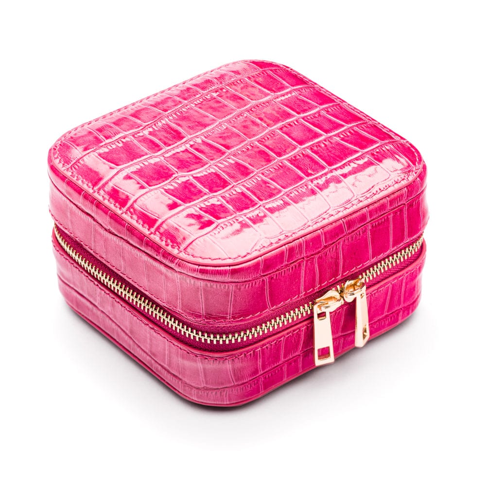Leather travel jewellery case with zip, pink croc, side view