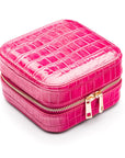 Leather travel jewellery case with zip, pink croc, side view