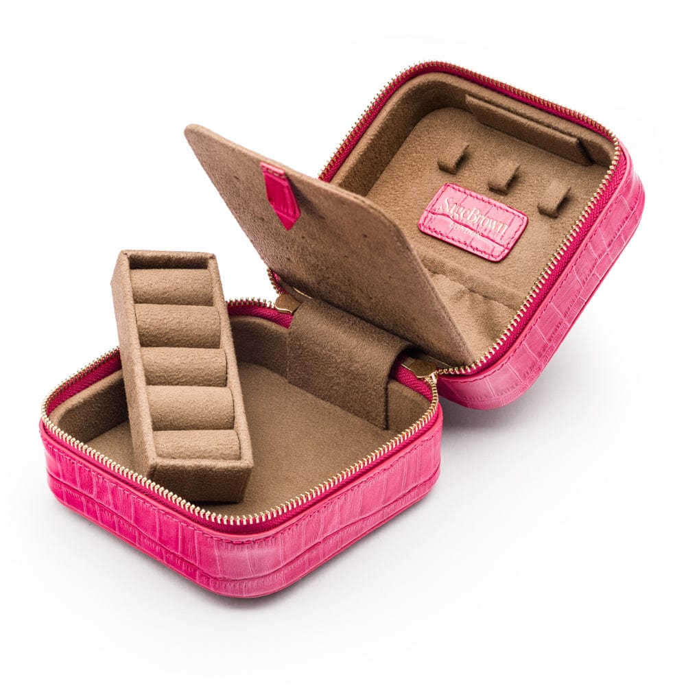 Leather travel jewellery case with zip, pink croc, inside view