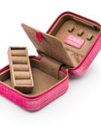 Leather travel jewellery case with zip, pink croc, inside view