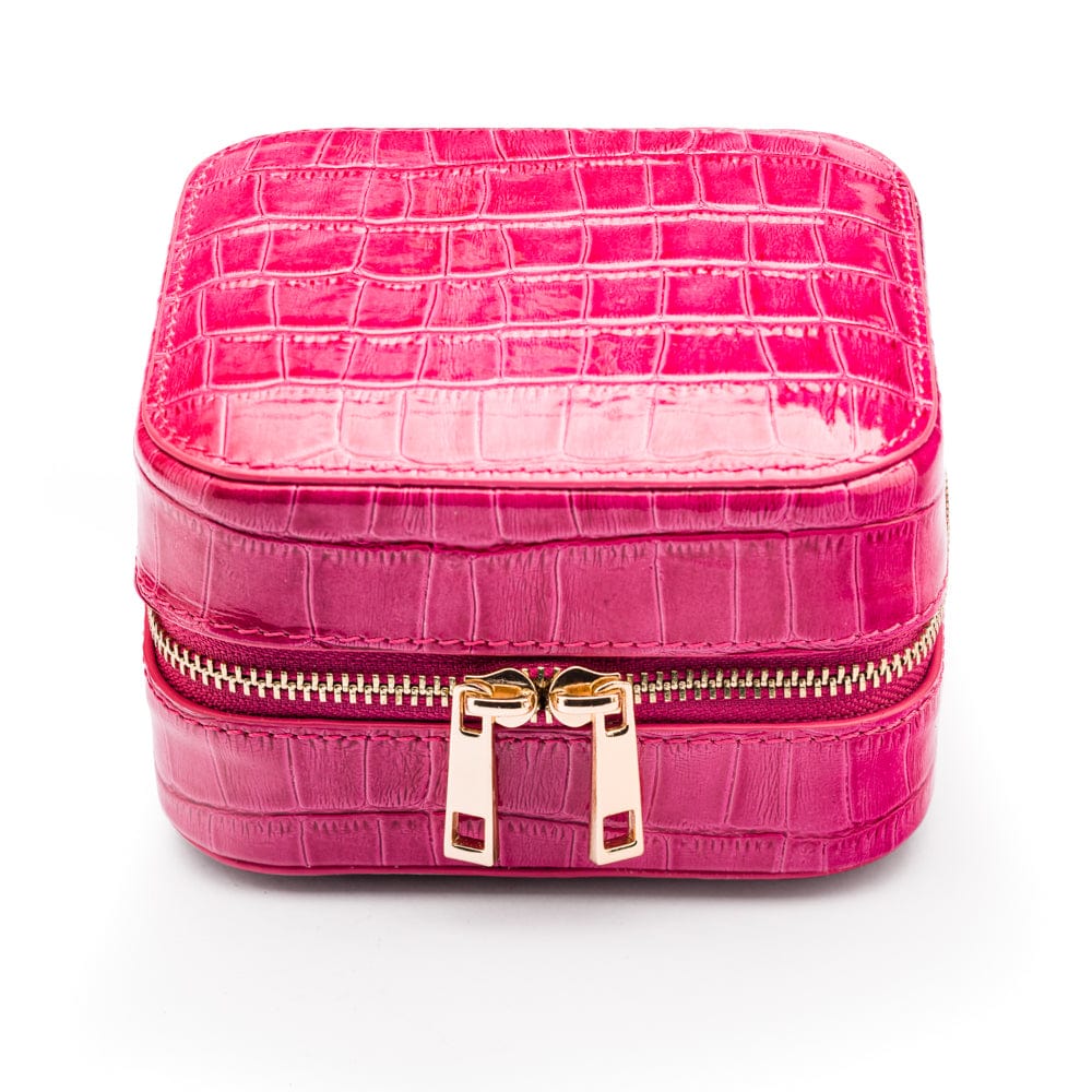 Leather travel jewellery case with zip, pink croc, front view