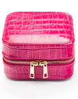 Leather travel jewellery case with zip, pink croc, front view