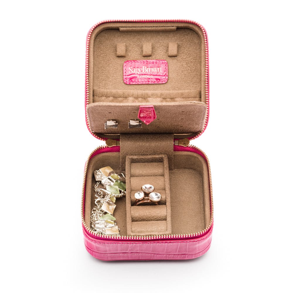 Leather travel jewellery case with zip, pink croc, open view