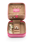 Leather travel jewellery case with zip, pink croc, open view