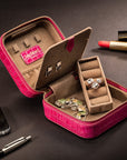 Leather travel jewellery case with zip, pink croc