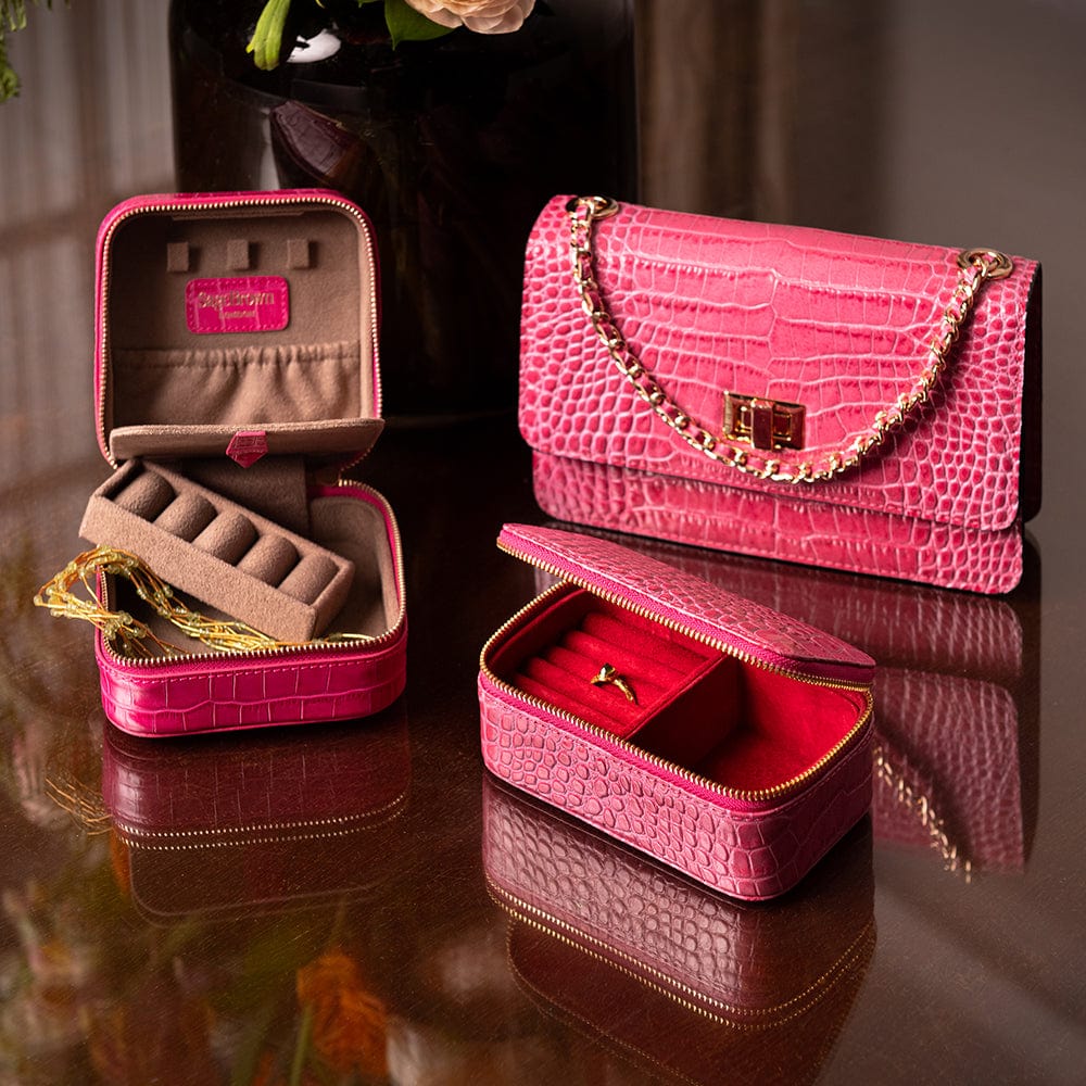 Leather travel jewellery case with zip, pink croc