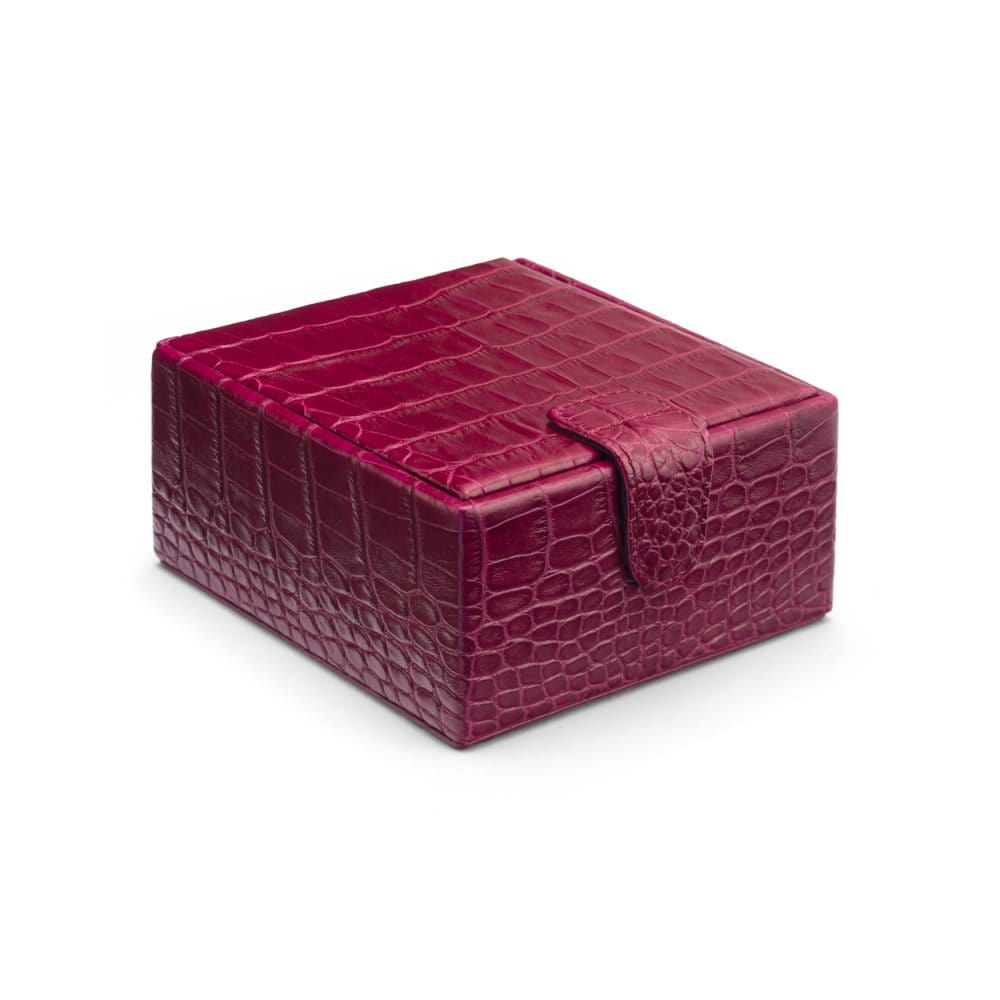 Compact leather jewellery box, pink croc, front