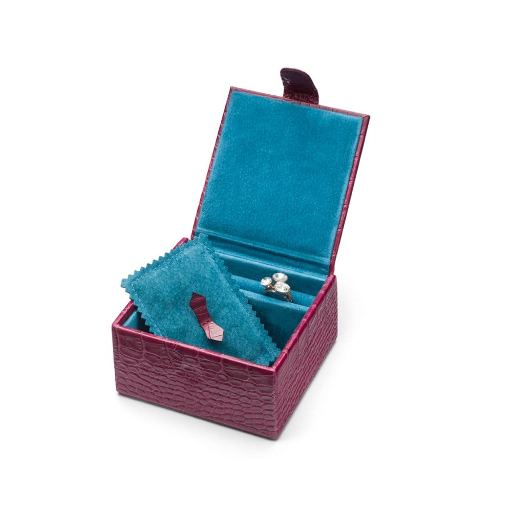 Compact leather jewellery box, pink croc, open