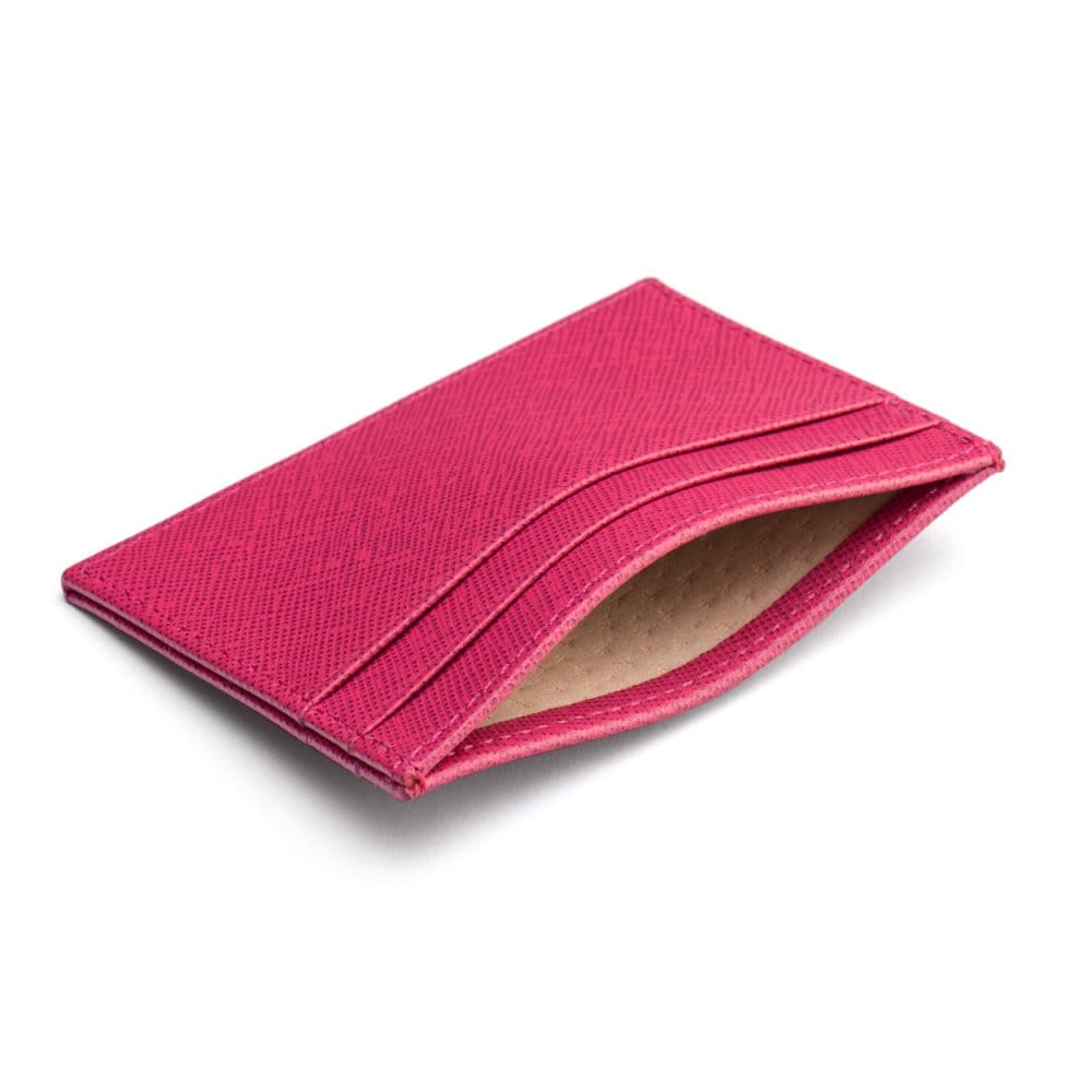 Flat leather credit card wallet 4 CC, pink, imside