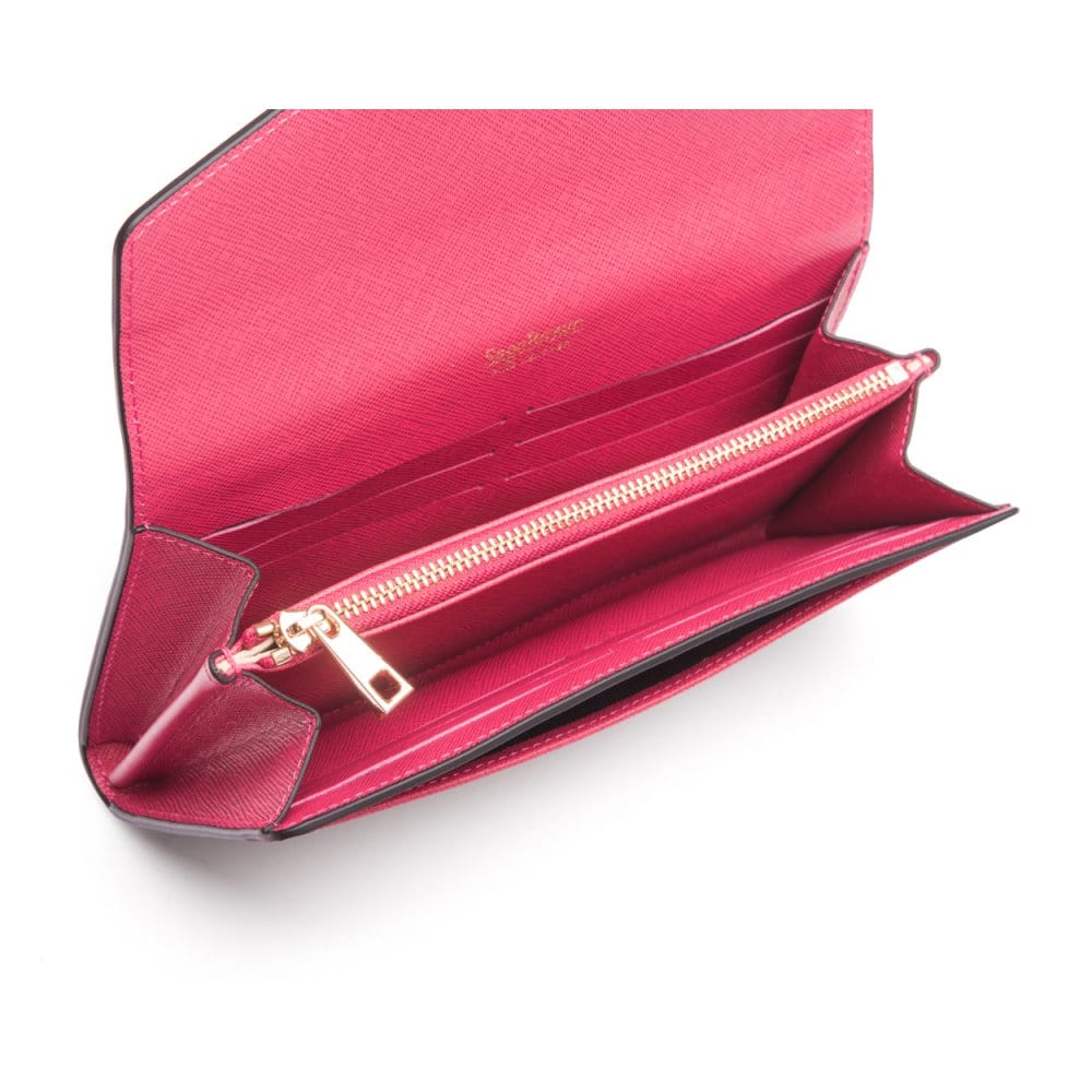 Leather accordion clutch purse with 12 card slots, pink saffiano, inside