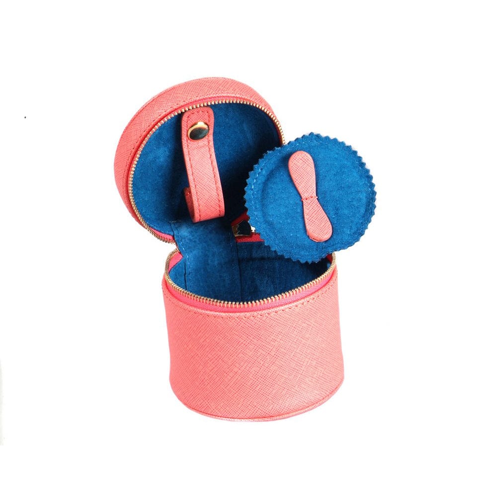 Leather zip around cylindrical jewellery case, pink saffiano, open view