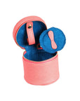 Leather zip around cylindrical jewellery case, pink saffiano, open view