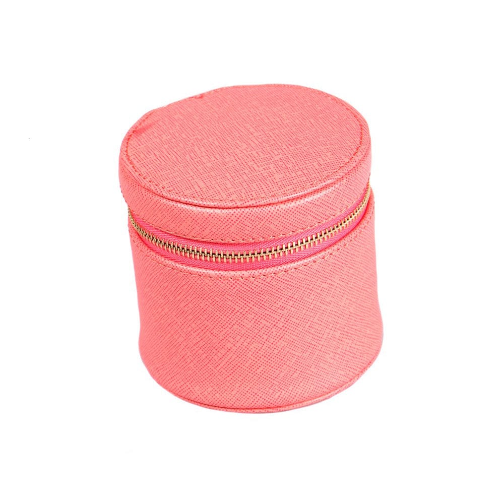 Leather zip around cylindrical jewellery case, pink saffiano, front view