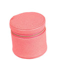 Leather zip around cylindrical jewellery case, pink saffiano, front view