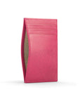 Flat leather credit card holder with middle pocket, 5 CC slots, pink saffiano, front