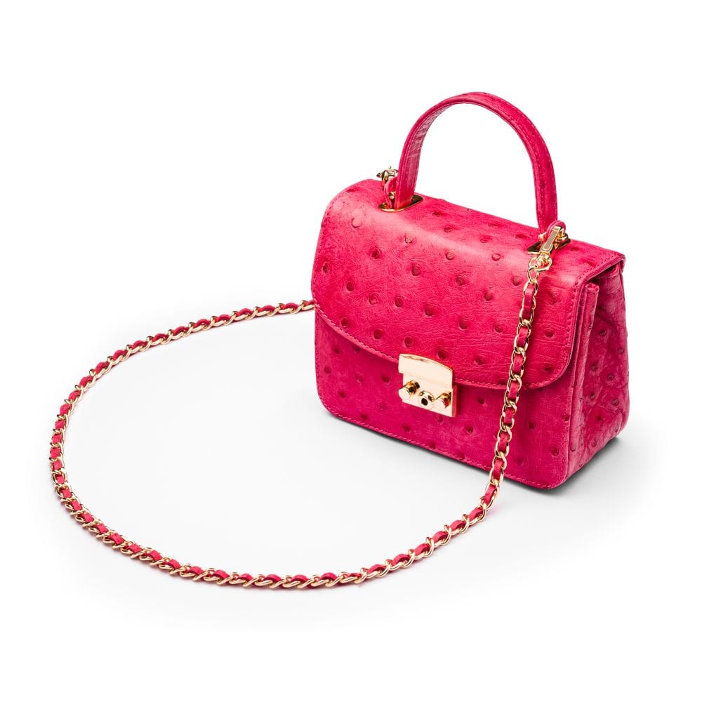 Ostrich leather Betty bag with top handle, pink ostrich, side