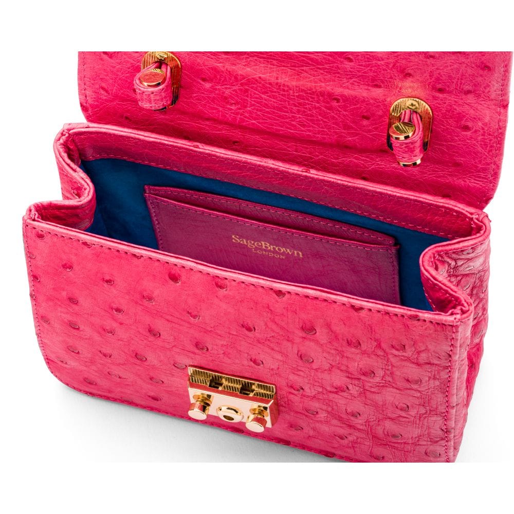 Ostrich leather Betty bag with top handle, pink ostrich, inside
