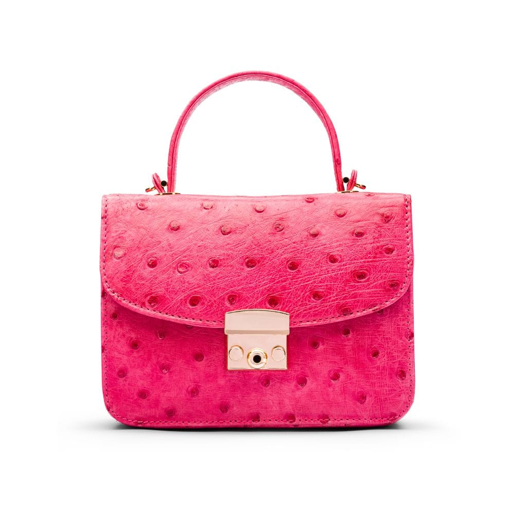 Ostrich leather Betty bag with top handle, pink ostrich, front