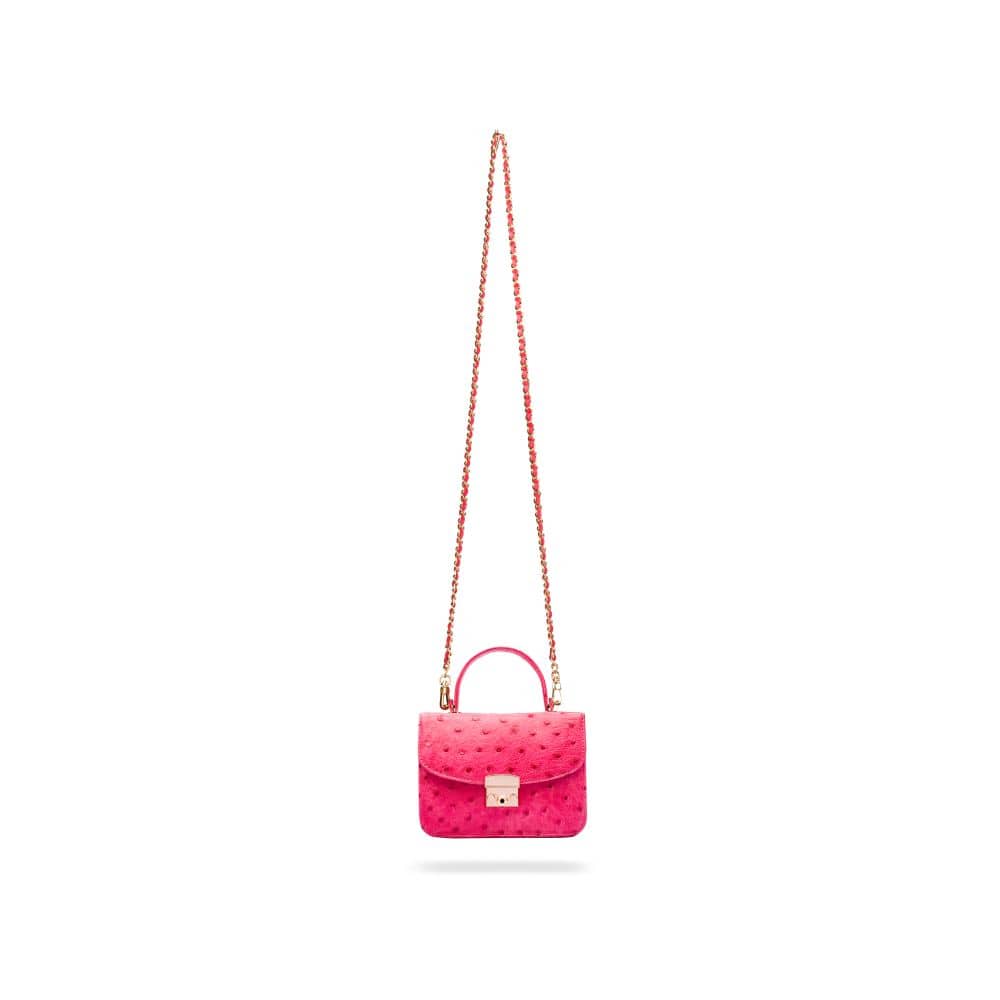 Ostrich leather Betty bag with top handle, pink ostrich, with long strap