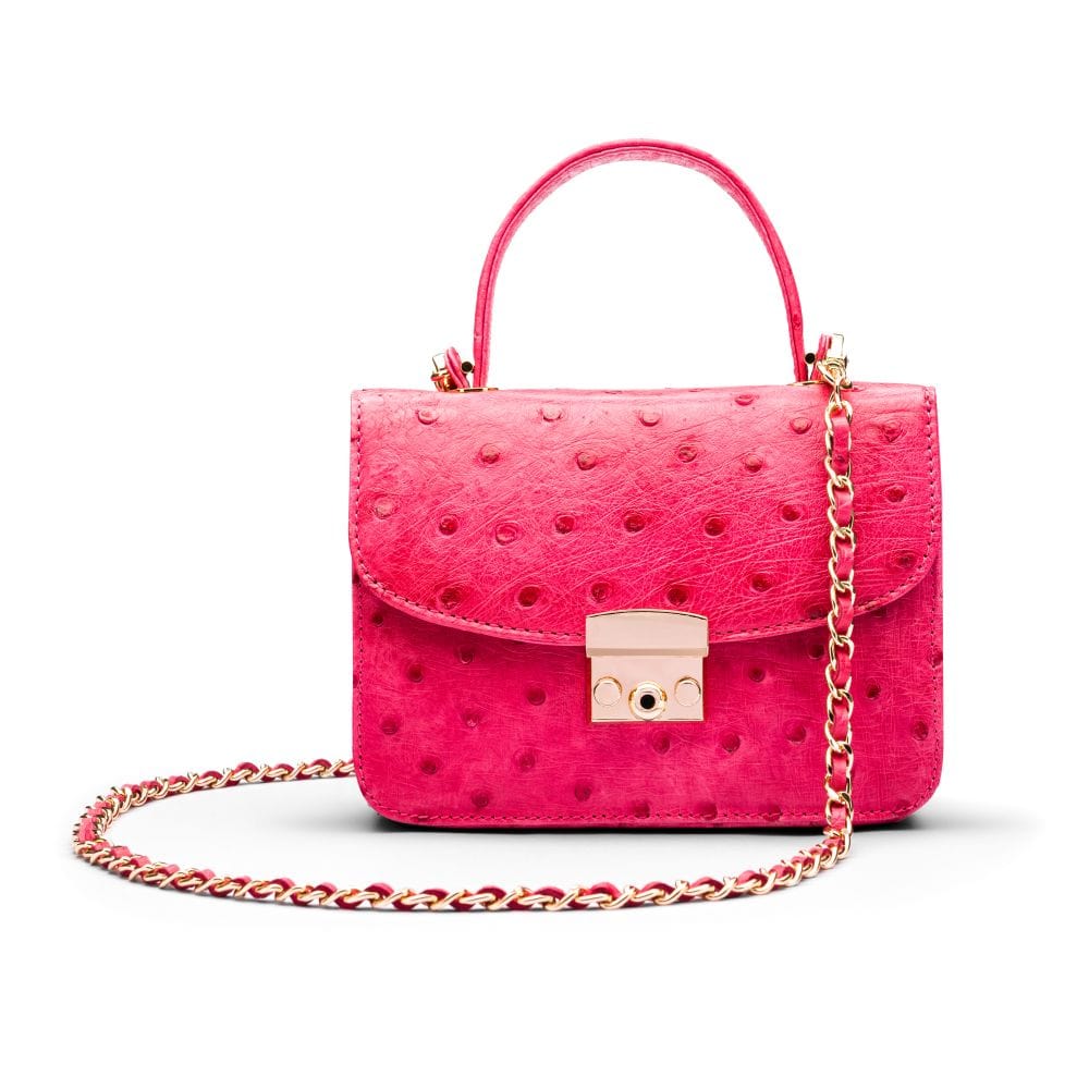 Ostrich leather Betty bag with top handle, pink ostrich, with chain strap