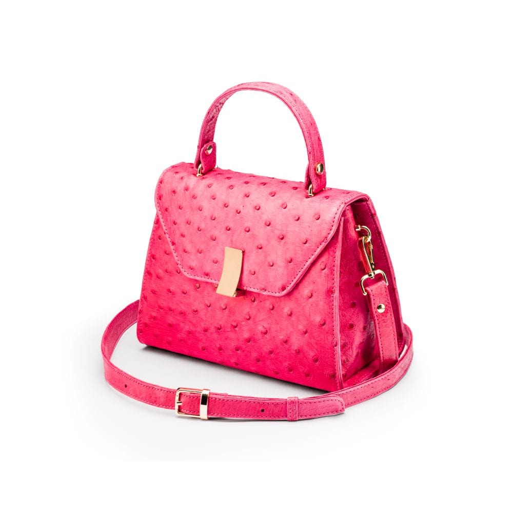 Ostrich leather top handle bag, pink, side